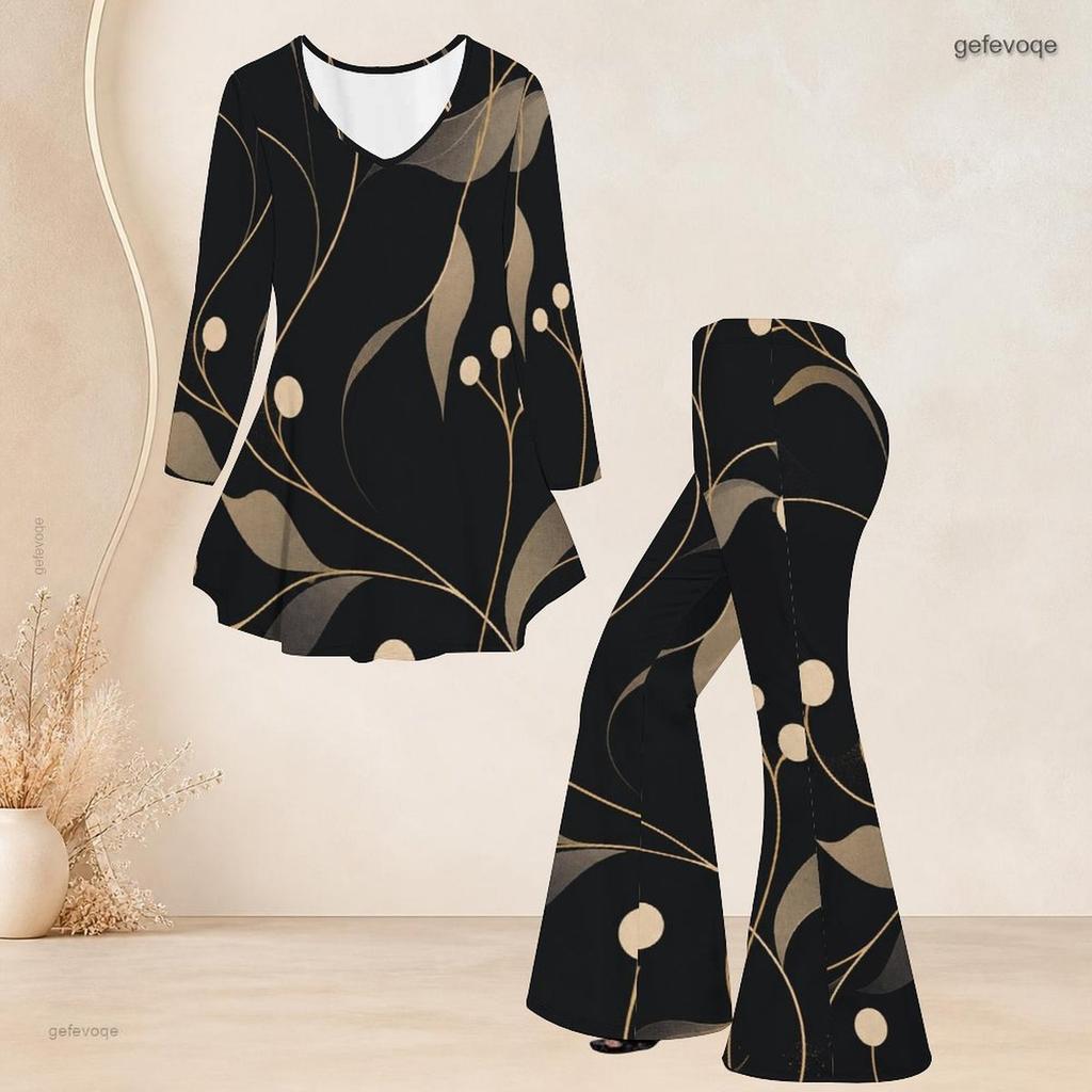 Women Plus Size Black Floral Printed V Neck Three Quarter Sleeve Flared Top Flared Pants Two Piece Set