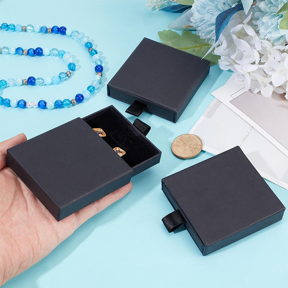 6pcs Cardboard Paper Jewelry Set Drawer Boxes with Sponge Inside Gift Package Supplies Rectangle Black 7x6.9x1.7cm