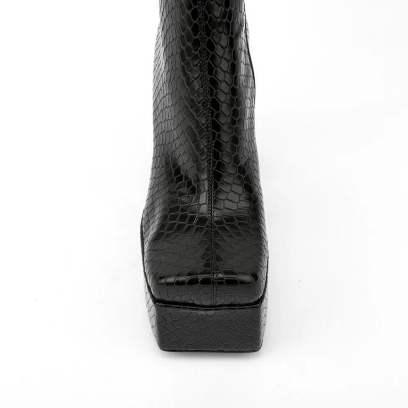 Fashion New Stone Pattern Side Zipper Thick Heel Mid-calf Boots Women Square Headed Waterproof platform Short Plush Winter Boots Size 45