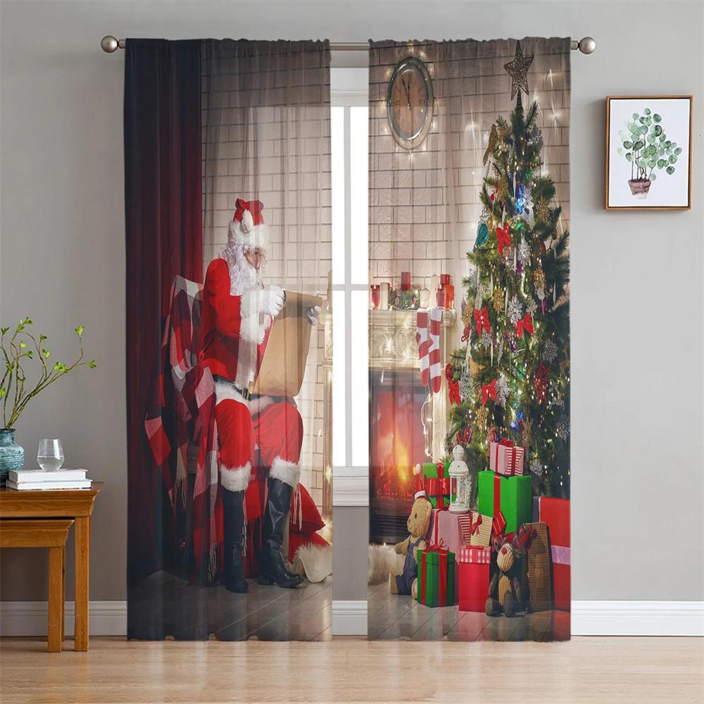 Snowing Red Shiny Christmas Tree Tulle Curtains for Living Room Decoration Bedroom Sheer Curtains Room Kitchen Window Treatment