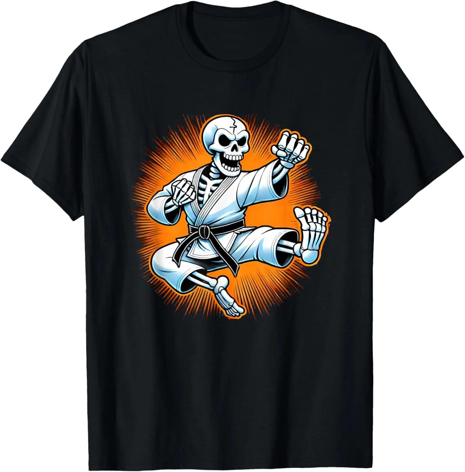 Skeleton Doing Karate Kick Graphic Tee Funny Martial Arts Halloween Gift Cotton TShirt S