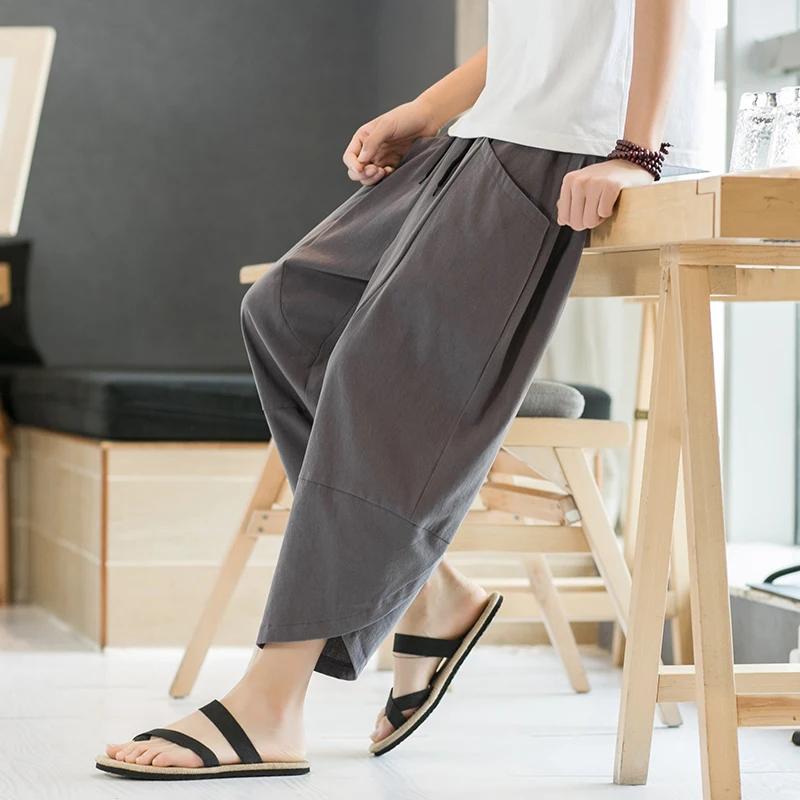 Men Chinese Style Cotton Beach Pants Men Retro Streetwear Calf-Lenght Bottoms Man Casual Traditional Trousers Summer Harem Pants