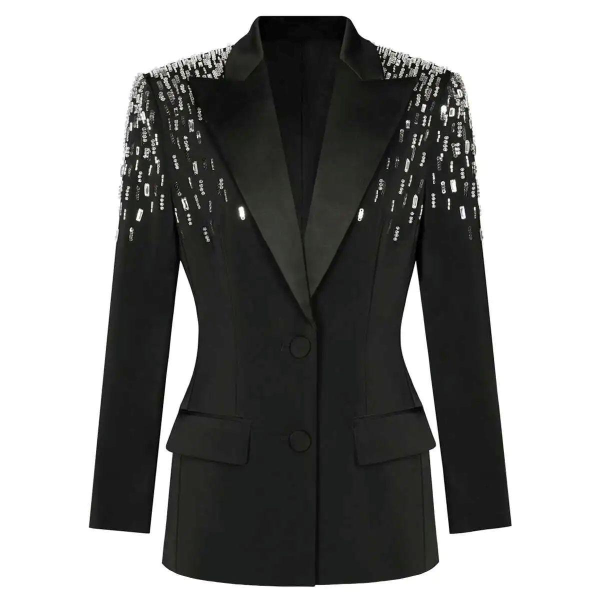 

Spring Autumn New Elegant Slimming Coat - Women s High Quality Heavy Industry Bead Inlaid Diamond Long Sleeve Fashion Suit Top 5XL чорний