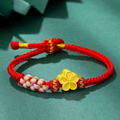 Vietnam Gold Peach Blossom Bracelet: Red Cord with Gold-Plated Brass Beads, Peach Blossom Knot, DIY Beaded Couple Design