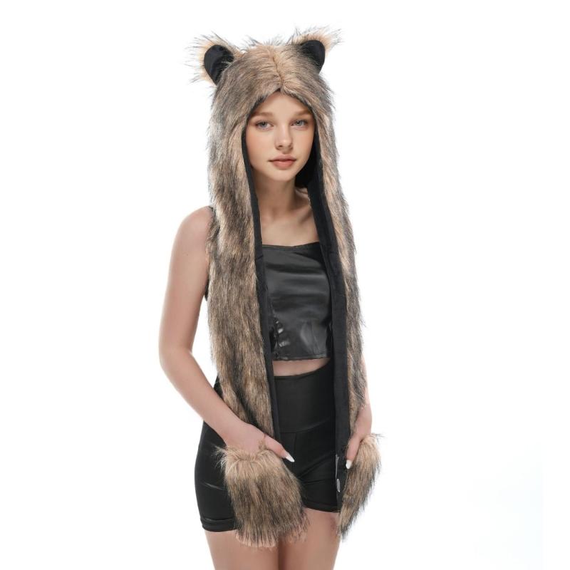 

Очаровательные коричневые меховые наушники-шапка с мордочкой животного. Теплая зимняя флисовая шапка. Хэллоуинский аксессуар 1