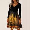 Women's Casual Fashion V Neck Long Sleeve Christmas Printed Party Vintage Long Dresses