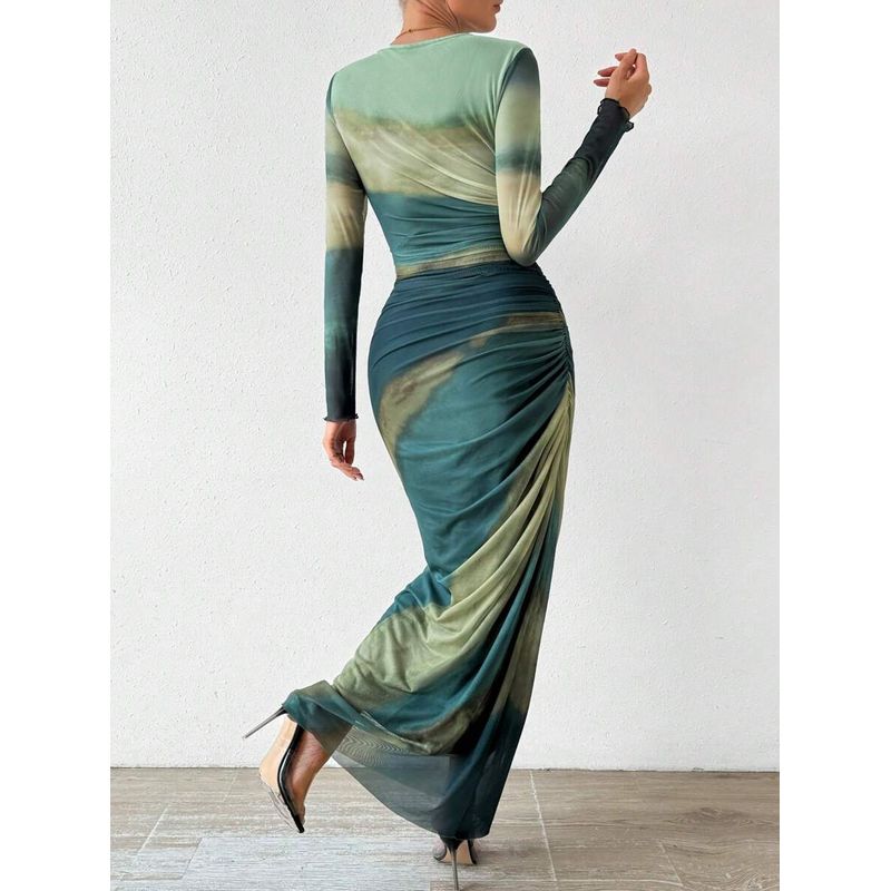European and American Ins Style Tie-dye Pleat Slim Fit Slimming Sexy Dresses for Women Round Neck Long Sleeve High-Grade Temperament Long Dress Women