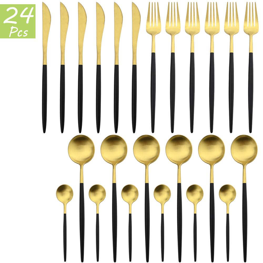 24Pcs Multicolor Dinnerware Set Knife Fork Spoons Teaspoon Tableware 18/10 Stainless Steel Cutlery Western Kitchen Silverware Flatware