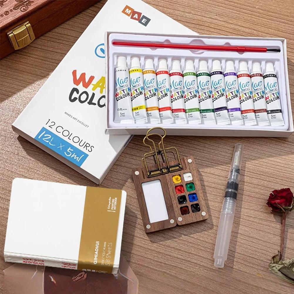 Mini Portable Watercolor Palette Set Watercolor Sketch Book with Binder Clips Portable Watercolor Travel Set for Travel Drawing