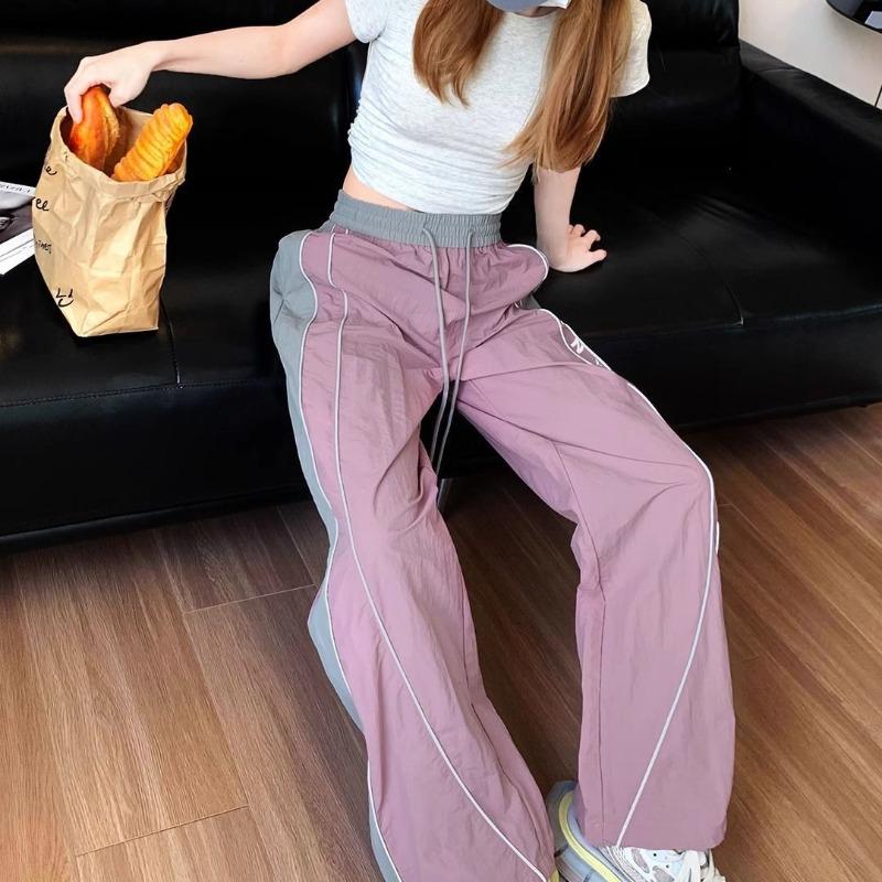Vintage Trend Summer Pants Women Elastic Waist Drawstrin Letter Contrast Color Patchwork Korean Loose Wide Leg Cargo Trousers