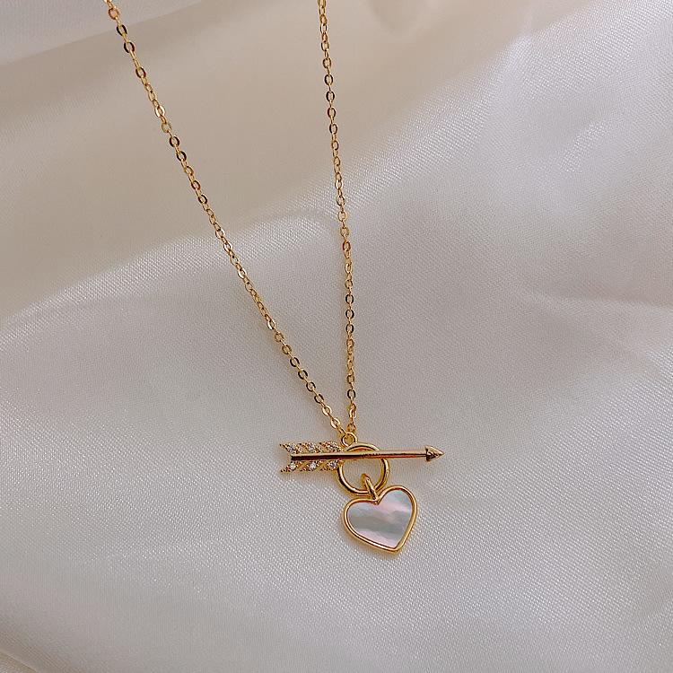 14K Real Gold Electroplated Peach Heart Cupid S Arrow Collarbone Chain, One Arrow Through The Heart Necklace Temperament Niche Heart Neck Chain