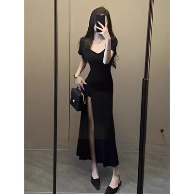 Black Dress Women's Versatile Summer New Temperament Split-ended Hip-wrapped Long Skirt Pure Desire