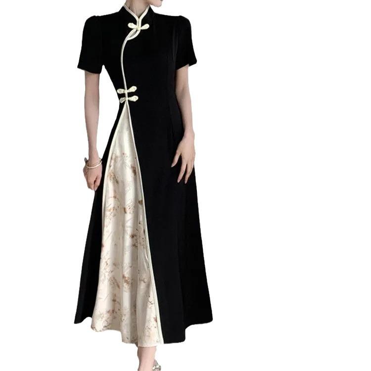 

Новое улучшенное платье Cheongsam с пряжкой в ​​китайском стиле с короткими рукавами, летняя тонкая талия в стиле ретро и длинная юбка M чёрный