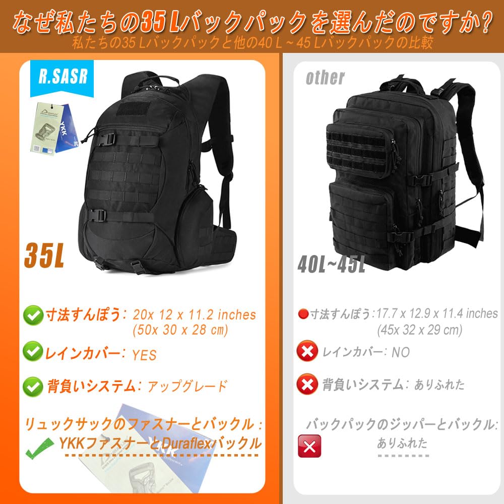 Military Backpack 35 Tactical Mountain Climbing Outdoor Camping Hiking Rucksack with Rain Cover Black [R.SASR] Liter, Bag, (A 35L)