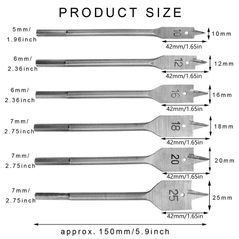 Durable Flat Wood Drill Bit Set With Enhanced Edge Geometry For Effortlessly Boring In Multiple Power Drill Types