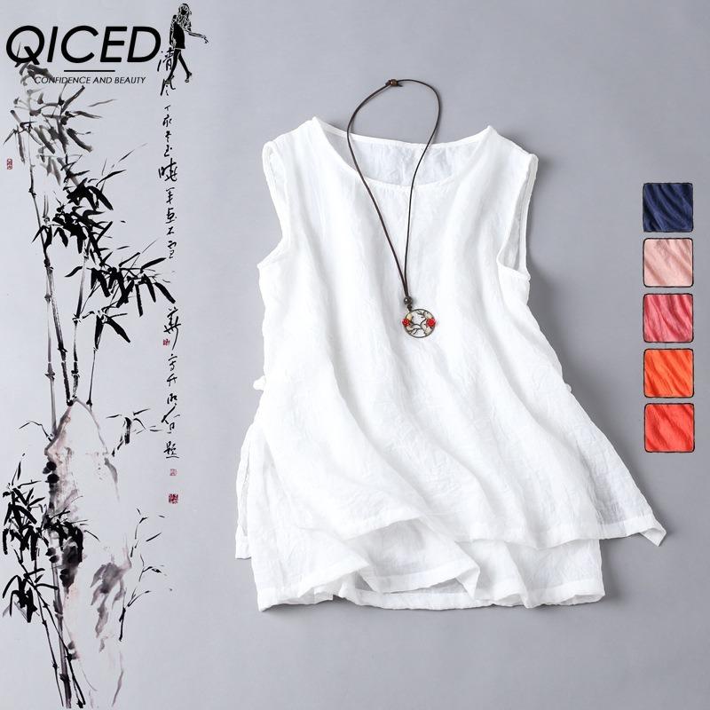 

QICED Женские модные повседневные блузки и рубашки без рукавов с принтом однотонного цвета и круглым вырезом XXL белый