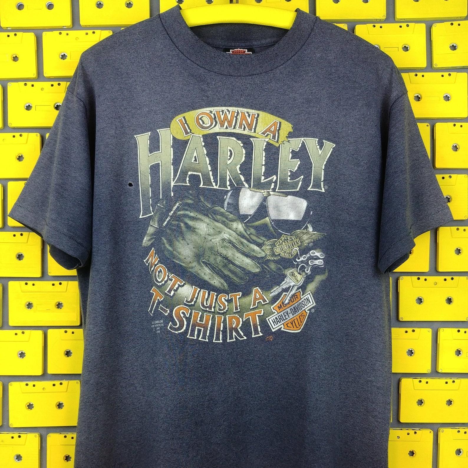 Vintage 1991 I Own A Harley Davidson Not Just A T shirt 3D Emblem Fort Worth Size L/XL XL