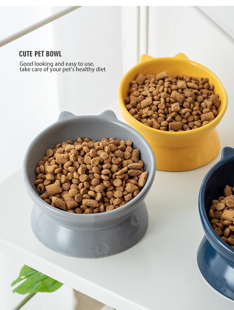 Double-Eared Slanted Ceramic Cat Bowl - Matte Glaze, Anti-Black Chin, Cervical Spine Support, Cute Design