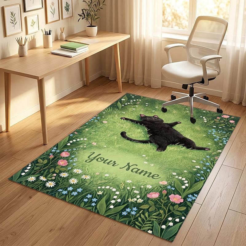 Cat Theme Crystal Velvet Rug Personalized Custom Name Text Soft Floor Mat Home Decor