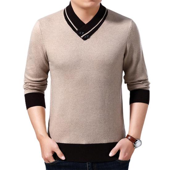 Men Sweater V Neck Knitted Contrast Colors Loose Spring Sweater for Daily Wear