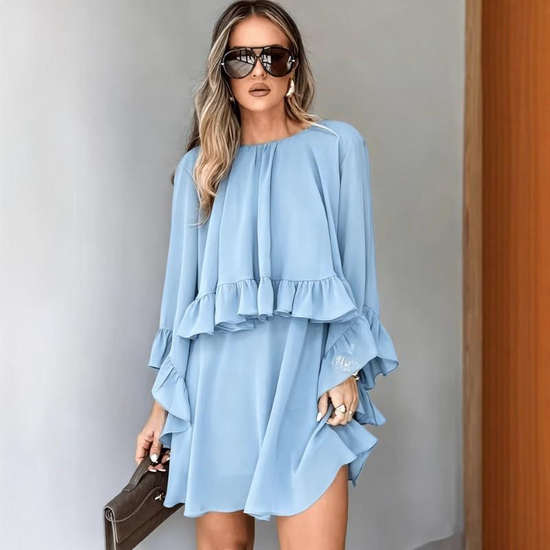 Womens Loose Ruffled Long Sleeve A Line Dress Casual