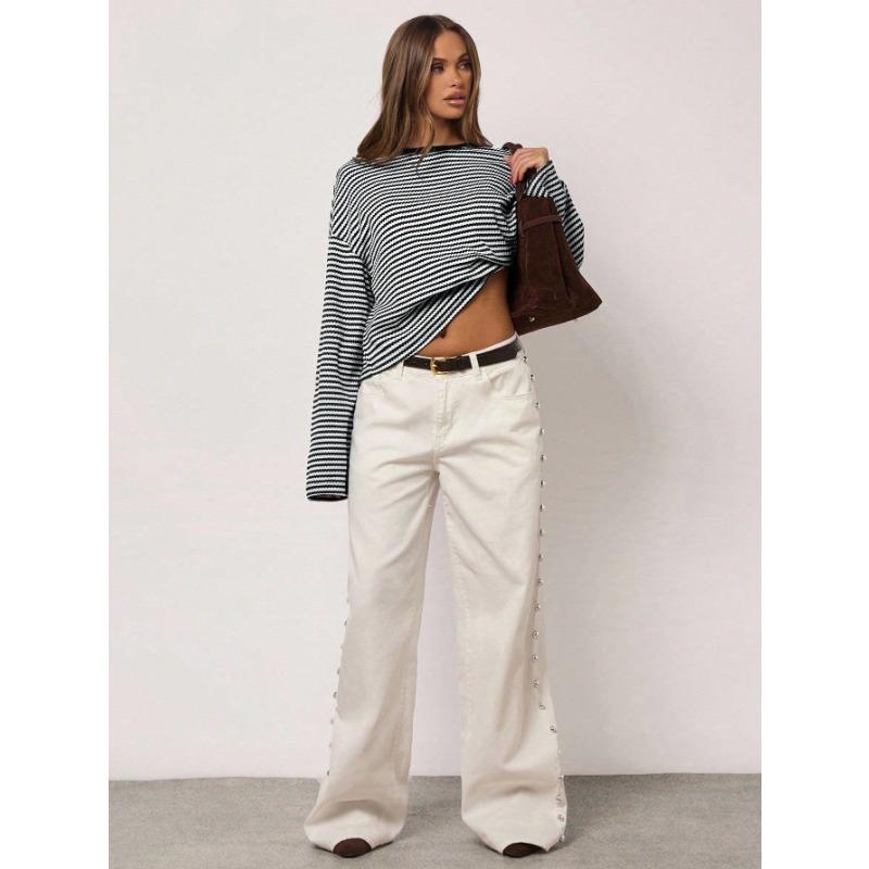 Womens Striped Knit Long Sleeve Loose T Shirt