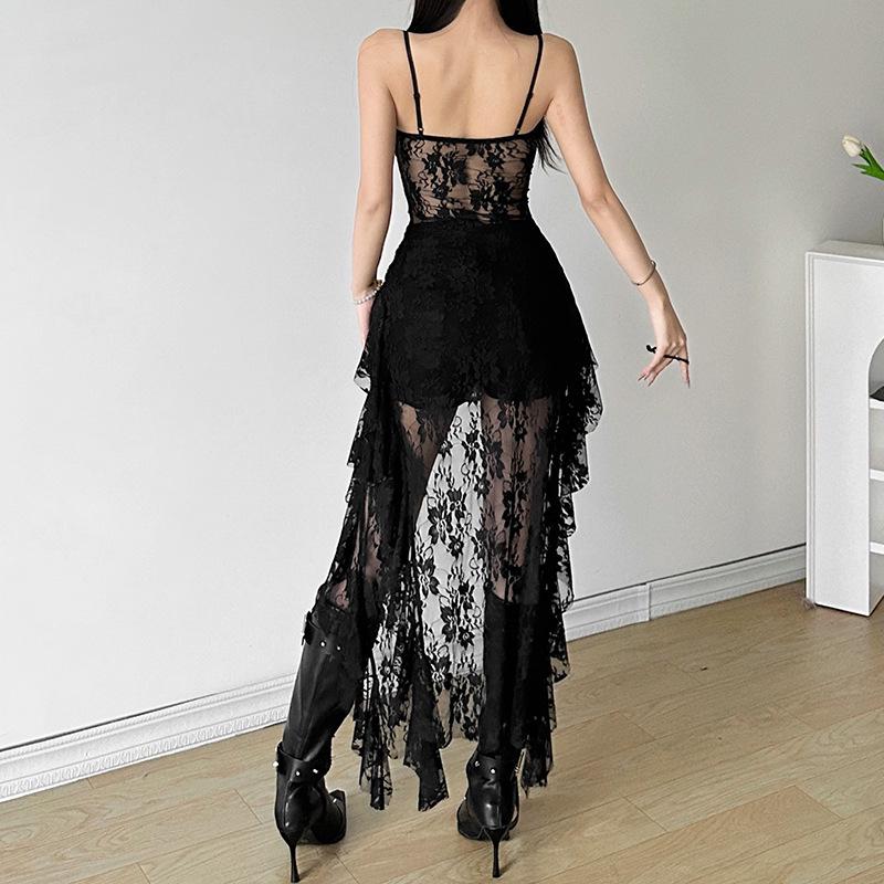 2024 Summer Women's Hollow Lace Irregular Hem Dress - European & American Sexy Chic