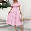 Women's Color Square Neck Backless Short Puff Sleeve Pleated Dress