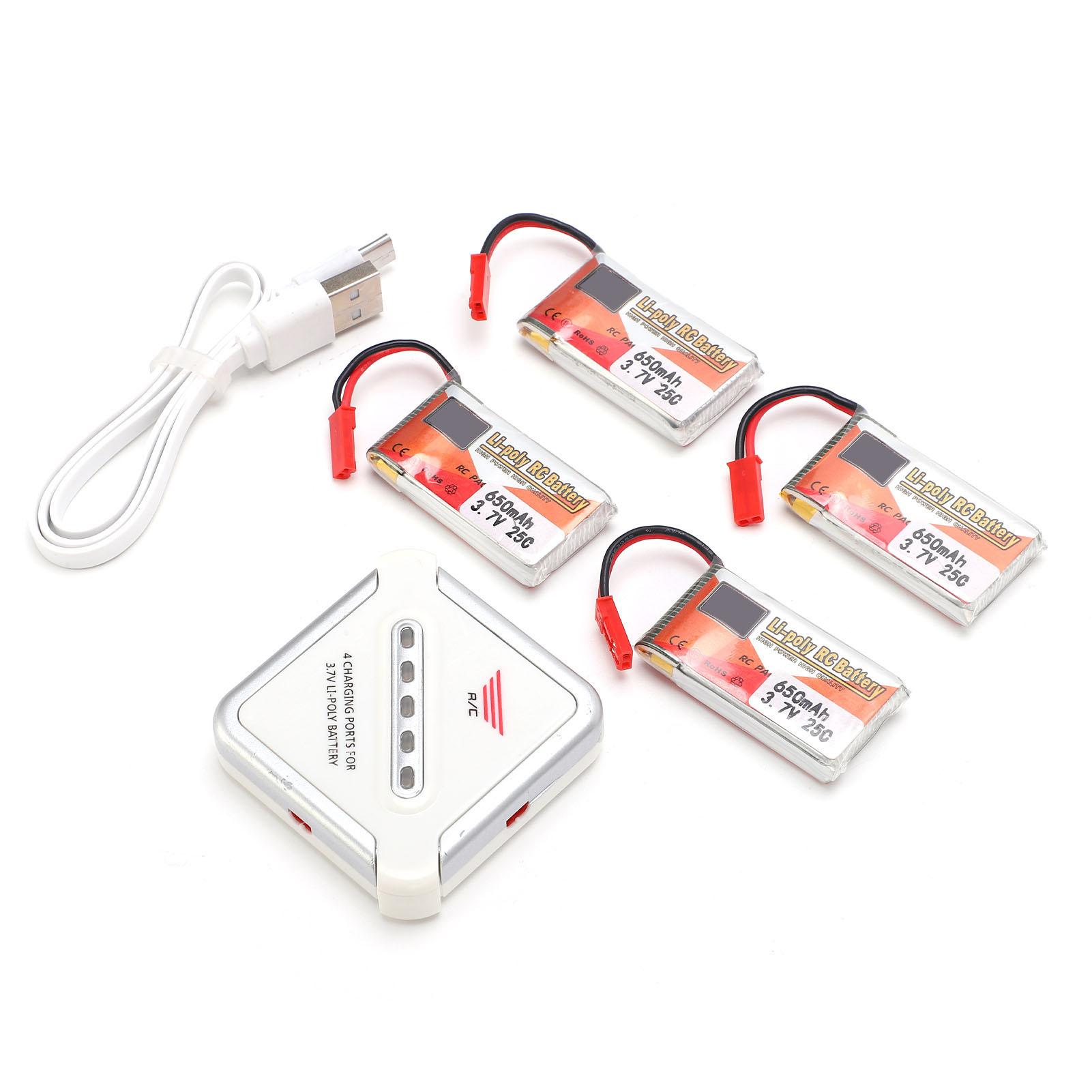 

4pcs 3.7V 650mAh Rechargeable Lipo Battery Pack with JST Plug and 4in1 Charger for RC Cars