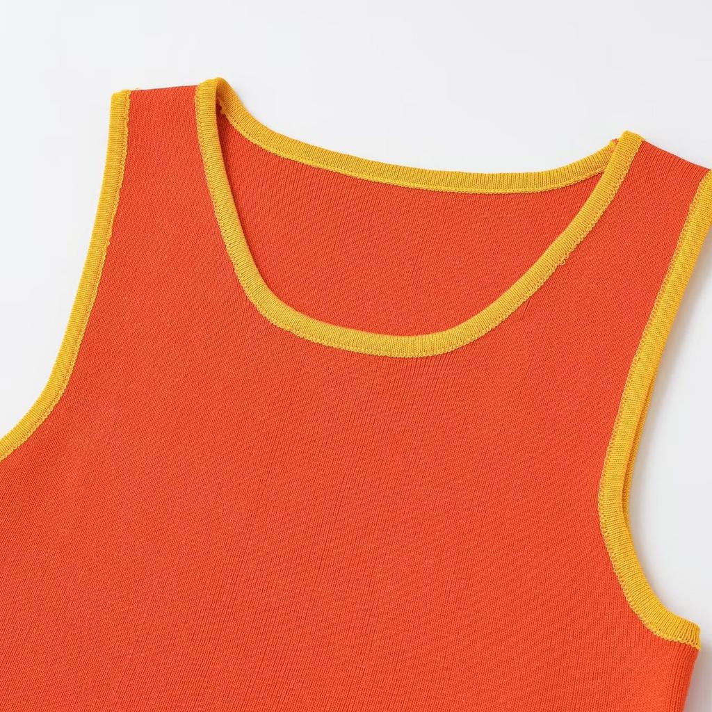European and American style, new women's clothing, versatile sleeveless round neck contrasting edge knitted top 3519011