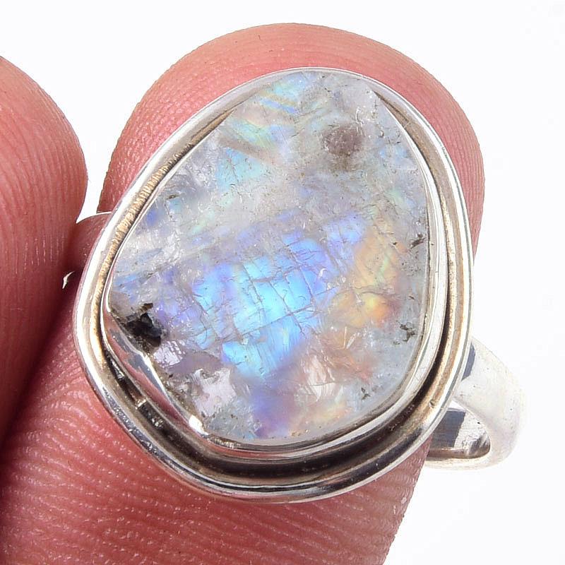 

Natural Rainbow Moon Stone Gemstone Handmade 925 Sterling Silver Ring S.9 W6d50