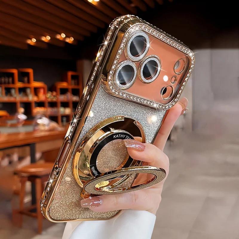 Plating For  Magnetic Stand Holder Rhinestones Case For For Iphone 17 Pro Max 16 11 12 13 14 1 Plus Diamond Bumper Cover
