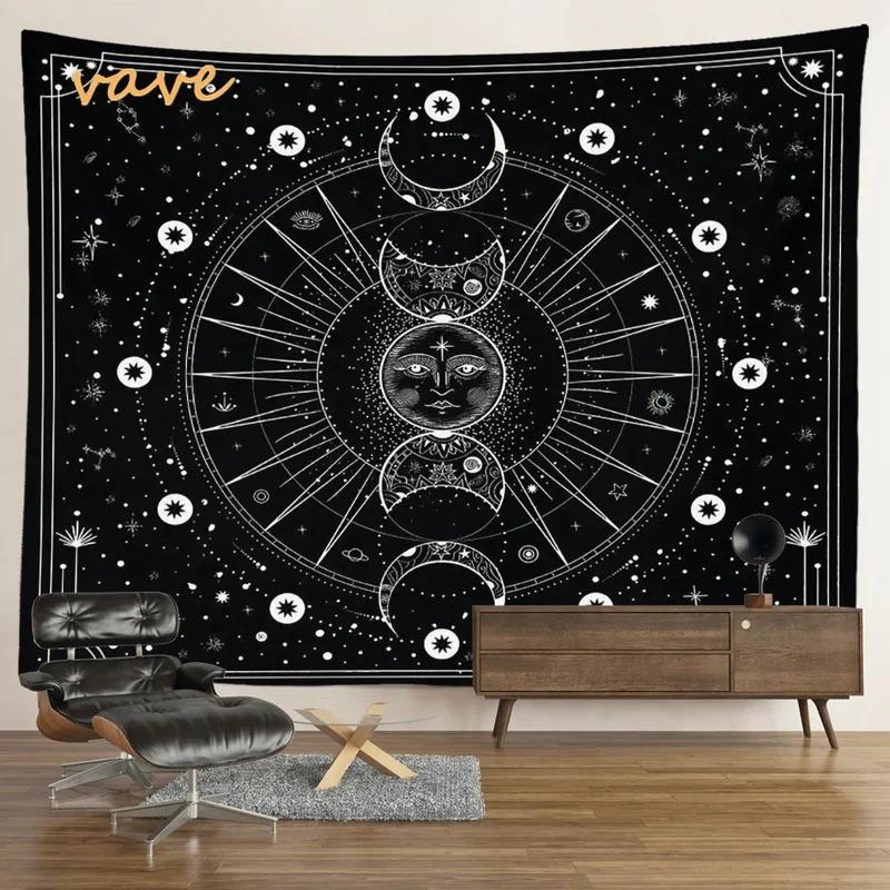 VIKAMA Mysterious Tarot Mandala Wall Tapestry Black White Sun Moon Witchcraft Hanging Meditation Altar Art Home Decor