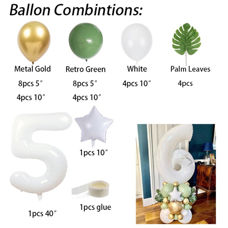 34pcs 40inch White Number Palm Leaves Retro Green Balloons Kit Kids 1 2 3th Birthday Balloons Set Baby Shower Decoration