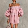 Vestito da donna con spalle scoperte e maniche a sbuffo, tinta unita, vestibilità larga, estivo, da spiaggia