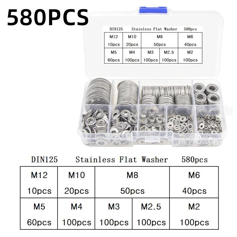Stainless Steel Flat Washer Assortment Kit (M2, M2.5, M3, M4, M5, M6, M8, M10) - Suitable For Home Decorations& Factory Repairs
