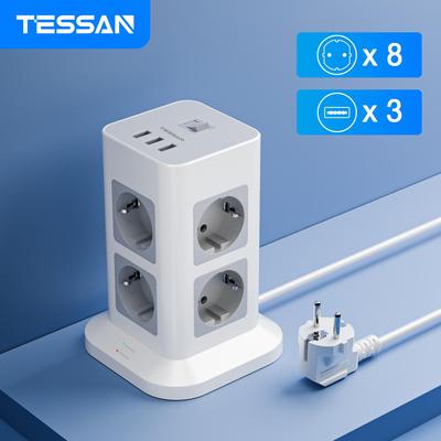 Tessan Torre 8 prese di corrente multipresa verticale 2m cavo di prolunga spina UE con 3 USB interruttore di protezione da sovratensione