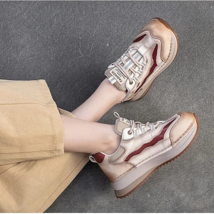 Johnature Thick Soled Mixed Colors Retro Genuine Leather Splicing Breathable Mesh Casual Sports Women's Shoes