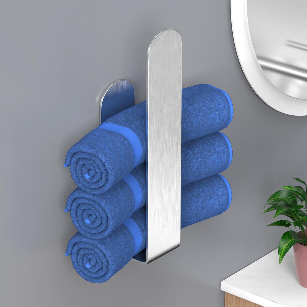 European Style Stainless Steel No-Drill Towel Rack with Traceless Adhesive Hooks for Bathroom and Kitchen