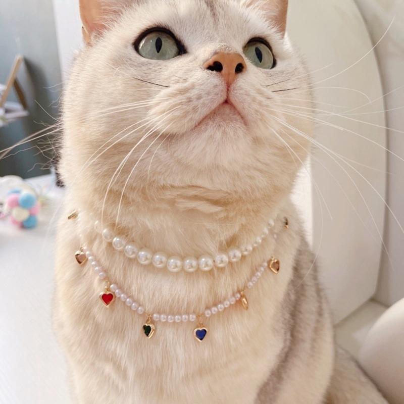 Cats Dog Pearls Collar,Heart Rhinestones Pet Necklaces,Adjustable Party Wedding Pet Jewelry Accessories for Puppy Cats