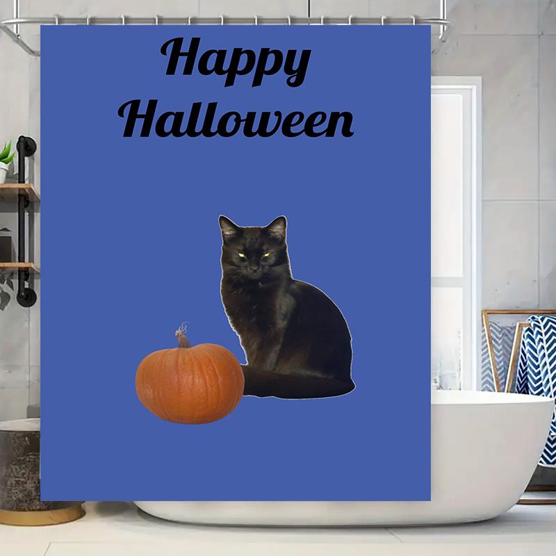

Spooky Halloween Decoration: Cat And Pumpkin Print Shower Curtain For Your Bathtub Decorative Water-Resistant Fabric With Rings W60H190(CM)-1 Pcs