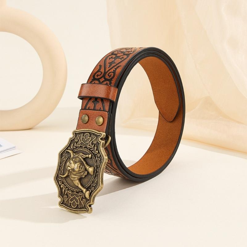Vintage Men Teens Relief Bull Head Waist Belt PU Embossed Pattern Cowboy Belt