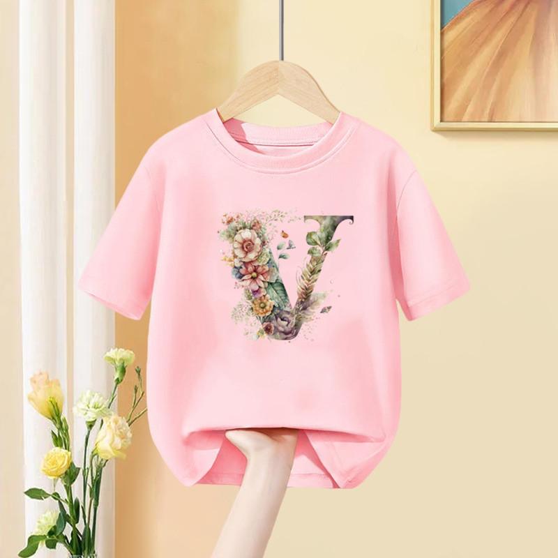 Girls T Shirt Custom Name Letter Combination Print Tshirt Flower Letter Font A B C D E F G Short Sleeve Kids Pink Tops