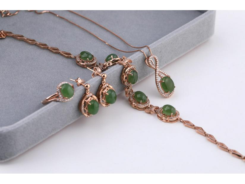 Bridal 4-Piece Set: Rose Gold Plated 925 Silver Earrings, Ring, Necklace with Jasper and Hetian Jade