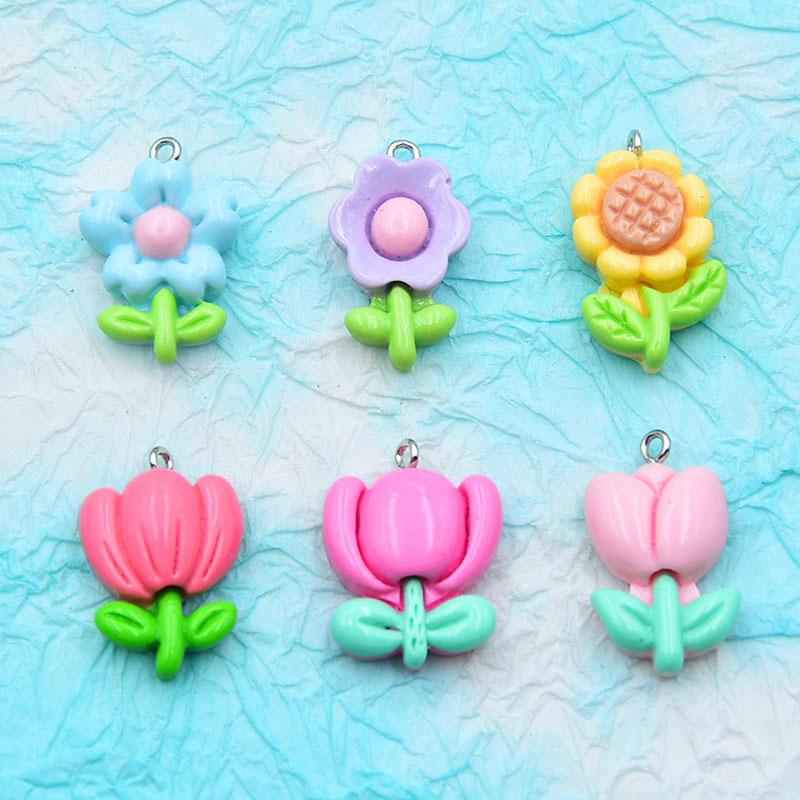 Colorful Resin Tulip & Sunflower Flower Bag Pendant for DIY Jewelry