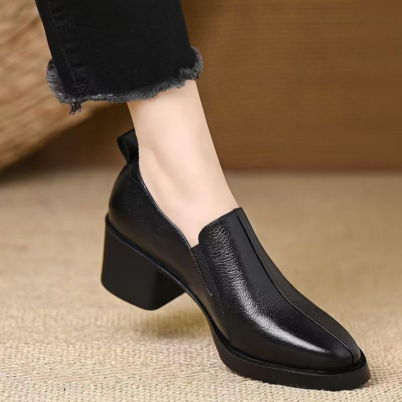 Women Leather Block Heel Slip On Nude Shoes Spring Autumn New Thick Sole Versatile British Style High Heel Commuter Shoes