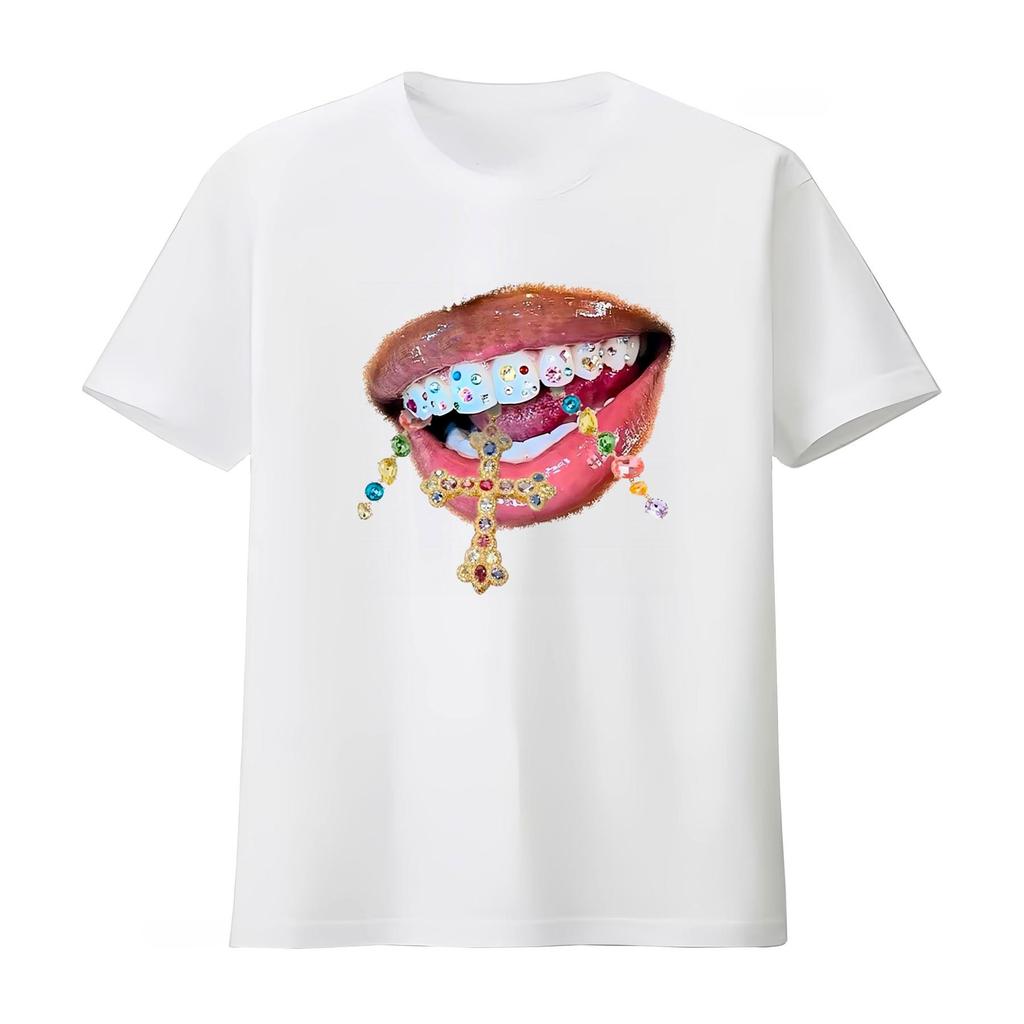 Glossy Jewelry Mouth Print T Shirt Streetwear Y2K Cotton Fashion Breathable Graphic Fashion Unisexs and Women 2026 Summer T Shirt