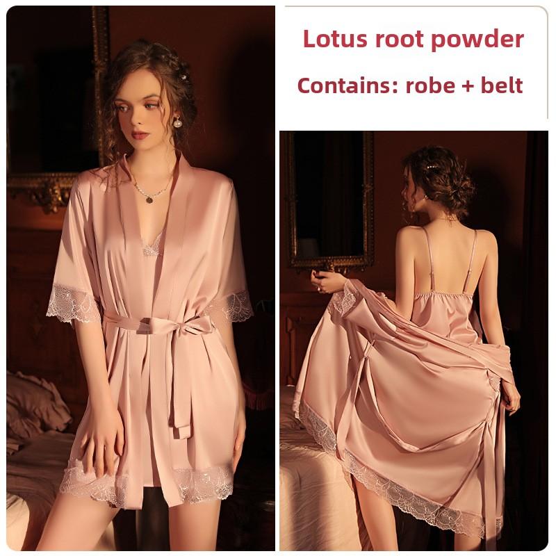 Comfortable Pajamas Solid Color Lace Pajamas Split Suspender Skirt Strap Robe Loungewear Set