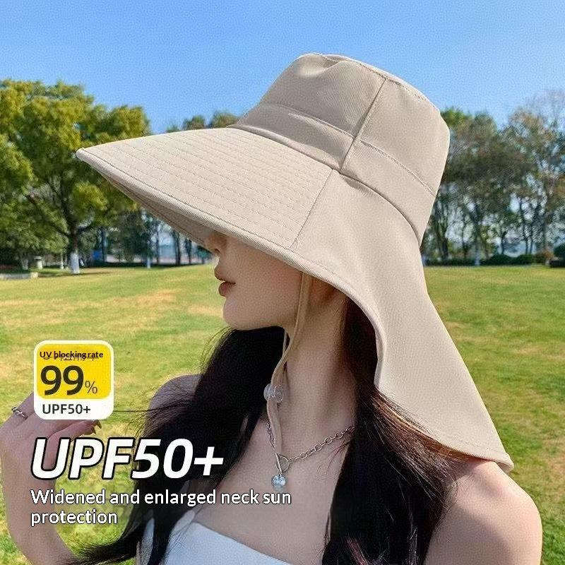 Solid Color Wide Brim Sun Hat Korean Style With Neck Cover Sun Protection Hat Neck Protection Adjustable Women Bucket Hat Ladies