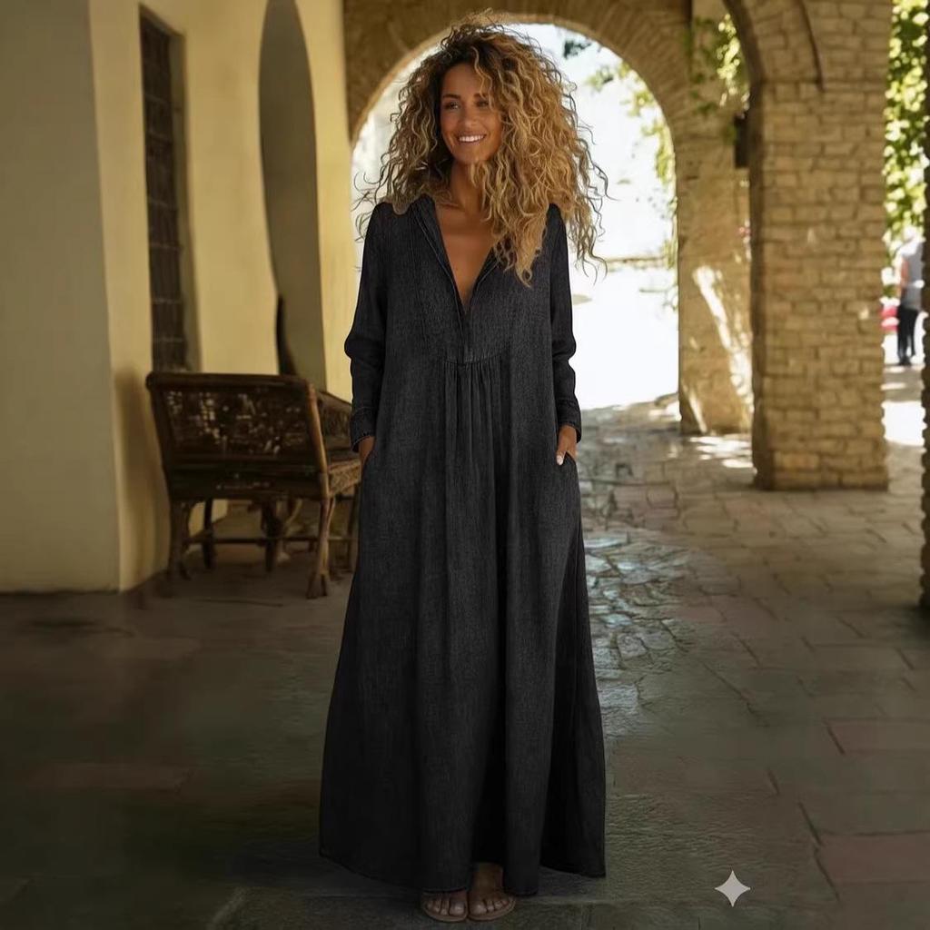 Loose Comfortable V-neck Denim Maxi Dress with Pockets